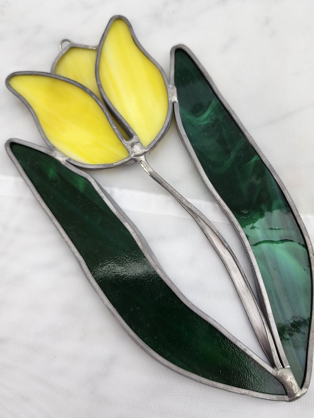 Vintage 7” Leaded Stained Glass Tulip Flower Suncatcher Yellow Green Heavy